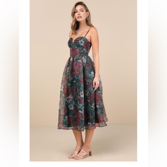 Lulus Cherished Aura Green Floral Organza Bustier Midi Dress - Picture 2 of 4